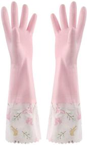 img 1 attached to Women's Waterproof Winter Gloves with Pink Flower Design - Non-slip Long Cuff Latex Glove, Ideal for Dishwashing, Household Cleaning, and Kitchen Use, with Fleece Lining