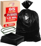 🗑️ high-quality 95 gallon heavy duty black garbage bags - multipurpose liner for trash, storage, yard waste, construction, and commercial use - 1.5 mil thickness - 61 x 68 dimensions with included 30” rubber bands - pack of 25 logo