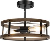 2-light farmhouse semi flush mount ceiling light fixture, industrial metal cage ceiling lamp with vintage wood and matte black finish, close to ceiling lighting логотип