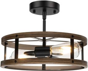 img 2 attached to 2-Light Farmhouse Semi Flush Mount Ceiling Light Fixture, Industrial Metal Cage Ceiling Lamp with Vintage Wood and Matte Black Finish, Close to Ceiling Lighting