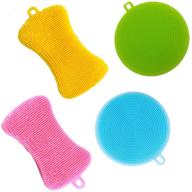 🧽 4pack silicone sponge dish washing brush scrubber: food grade, melon fruit pot bowl kitchen decontamination, oil-free, silica gel cleaning cloth, reusable in four colors, round soap shape logo