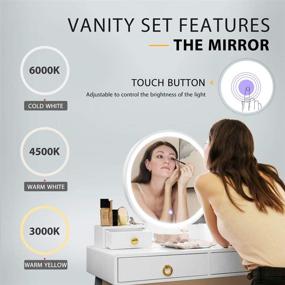 img 2 attached to 💡 VIVOHOME Dimmable Lighted Metal Mirror Vanity Set with 3-Color Touch Screen, Makeup Table with Drawers, Padded Stool, White