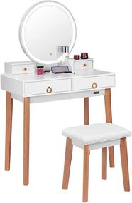 img 4 attached to 💡 VIVOHOME Dimmable Lighted Metal Mirror Vanity Set with 3-Color Touch Screen, Makeup Table with Drawers, Padded Stool, White