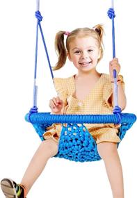 img 4 attached to 🪁 Maryya Toddler Swing Sets for Backyard | Adjustable Rope Hand-Knitting Round Children Swing Chair | Metal Swing Seats for Backyard, Indoor, Outdoor | Tree, Room, Porch, Playground | Ages 10M-6Years, Blue