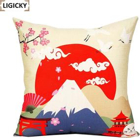 img 1 attached to 🏔️ LIGICKY Japanese Style Decorative Throw Pillow Cover – Fuji Mountain Print Square Pillow Cases for Elegant Home Décor (Set of 4, 18x18 Inches)