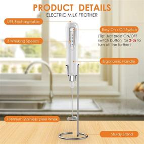 img 1 attached to Zebre Electric Milk Frother: Handheld Rechargeable 3 Speed Foam Maker Blender Mixer with Durable Stainless Stand - Perfect for Coffee, Latte, Cappuccino, Hot Chocolate (White)