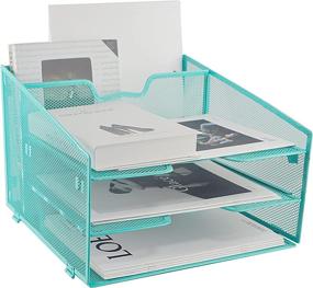 img 4 attached to 🗄️ ProAid Mesh Office Desktop Accessories Organizer - Blue: 3 Paper Trays, 1 Upright Compartment