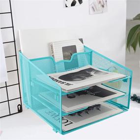 img 3 attached to 🗄️ ProAid Mesh Office Desktop Accessories Organizer - Blue: 3 Paper Trays, 1 Upright Compartment