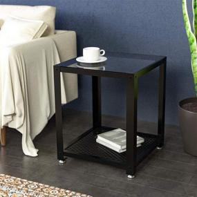 img 2 attached to 🏢 J JACKCUBE DESIGN 2 Tier Glass Black Square End Table: Stylish Side Table with Glass Top & Metal Mesh Bottom for Bedroom Living Room Bedside Sofa Couch - MK504A