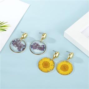 img 2 attached to ANDPAI Handmade Bohemian Multi-Colored Pressed Yellow Dried Resin Daisy Flower Hook Dangle Drop Earrings for Women Girls - Round Circle, Statement Charm Jewelry Gifts