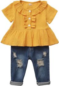 img 4 attached to 👚 Cute Ruffled Sleeve Linen Shirt with Ripped Jeans Set - Stylish Baby Girl Outfits