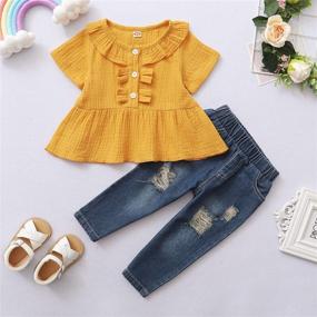 img 1 attached to 👚 Cute Ruffled Sleeve Linen Shirt with Ripped Jeans Set - Stylish Baby Girl Outfits