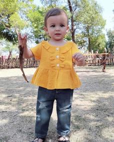 img 3 attached to 👚 Милый льняной блуз с оборками на рукаве с джинсами в стиле рип - модные наряды для маленькой девочки.