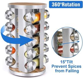 img 2 attached to 🌶️ 20-Piece Spice Rack Organizer for Cabinet - Rotating Seasoning Organizer for Kitchen Pantry, Stainless Steel/Wooden Countertop Rack Tower with Reusable Labels, Funnel, and Cup Brush