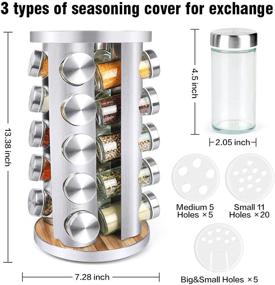 img 3 attached to 🌶️ 20-Piece Spice Rack Organizer for Cabinet - Rotating Seasoning Organizer for Kitchen Pantry, Stainless Steel/Wooden Countertop Rack Tower with Reusable Labels, Funnel, and Cup Brush