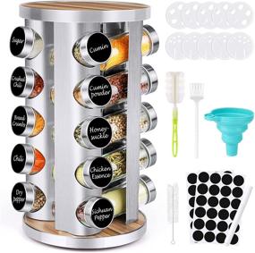 img 4 attached to 🌶️ 20-Piece Spice Rack Organizer for Cabinet - Rotating Seasoning Organizer for Kitchen Pantry, Stainless Steel/Wooden Countertop Rack Tower with Reusable Labels, Funnel, and Cup Brush