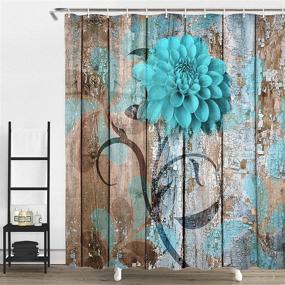 img 2 attached to Rustic Farmhouse Floral Shower Curtain with Teal Dahlia on Wooden Plank - Turquoise Blue Bathroom Décor