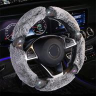 🚗 kafeek diamond fluffy microfiber plush steering wheel cover - add glamour and warmth to your ride with crystal rhinestones - universal 15 inch fuzzy wheel cover - winter essential in gray logo