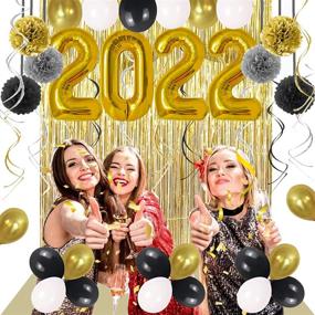 img 1 attached to 🎉 Get Ready to Ring in 2022 with Stylish Black and Gold New Year's Eve Party Supplies and Decorations Kit - Including Large Balloons, Photo Backdrop, Fringe Curtain, Glitter Banner, Pompoms, and Ornament!