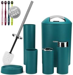 img 4 attached to 🛁 6 Piece Dark Green Bathroom Accessories Set Plastic Bath Accessories - Lotion Bottles, Toothbrush Holder, Soap Dish, Toilet Brush with Holder, Trash Can, Tooth Mug - Decorative Housewarming Gift - Otostar