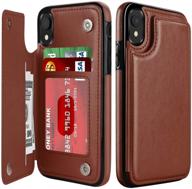 📱 leto iphone xr case - stylish leather wallet flip folio cover with kickstand, card slots for girls & women - protective brown phone case for iphone xr logo