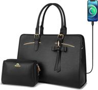 👜 women's large pu leather laptop tote bag with usb charging port - waterproof work briefcase, casual computer shoulder bag – fits 15.6 inch laptop, business handbag satchel purse – black (2pcs set) logo