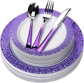 img 4 attached to 🍽️ Набор пластиковой посуды FOMOICA Purple и столовые приборы – 125 предметов одноразовой премиум-посуды для дней рождения, свадеб, Хэллоуина и Рождества.