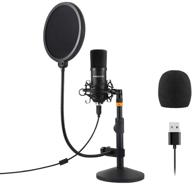 high-quality usb streaming podcast pc microphone kit - professional computer mic with 192khz/24bit studio cardioid condenser, sound card, desktop stand, shock mount, and pop filter - ideal for skype, youtubers, and content creators (black) logo