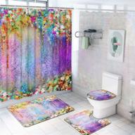 🌸 krelymics 4-piece colorful flower bathroom set: floral lotus waterproof shower curtain with non-slip rug, toilet lid cover, bath mat, and 12 hooks logo
