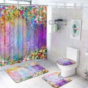 img 4 attached to 🌸 Krelymics 4-Piece Colorful Flower Bathroom Set: Floral Lotus Waterproof Shower Curtain with Non-Slip Rug, Toilet Lid Cover, Bath Mat, and 12 Hooks