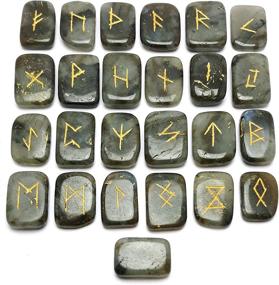 img 4 attached to Unlock Ancient Wisdom and Healing with Labradorite Runes Crystal Set - Elder Futhark Viking Gemstone Reiki Healing, Golden Engraved Runic Alphabets