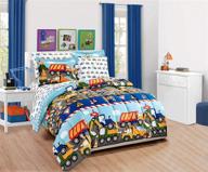 🚧 new mk home 7pc queen comforter & sheet set for teens/boys - construction trucks & tractors theme in blue, red, and yellow logo