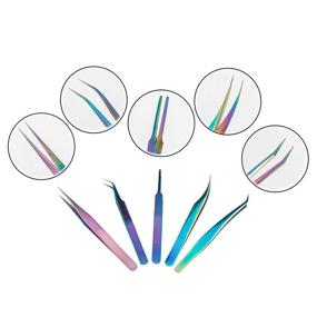 img 1 attached to Precision Stainless Steel Tweezers Kit for Eyelash Extensions, Nail Art, Ingrown Hair, Craft Work - Rainbow Lash Tweezers Set, Anti-Static, 5 Pcs