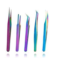 precision stainless steel tweezers kit for eyelash extensions, nail art, ingrown hair, craft work - rainbow lash tweezers set, anti-static, 5 pcs logo