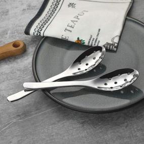 img 1 attached to Stainless Steel Slotted Spoons Set of 2 - AOOSY Modern Stylish Short Handle 10-Hole Heavyweight Caviar Spoon for Soup, Cereals, Dips, Curry Sauces, and Stews - Durable Kitchen Utensils