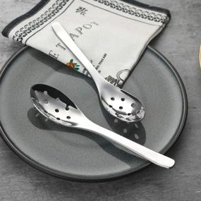 img 2 attached to Stainless Steel Slotted Spoons Set of 2 - AOOSY Modern Stylish Short Handle 10-Hole Heavyweight Caviar Spoon for Soup, Cereals, Dips, Curry Sauces, and Stews - Durable Kitchen Utensils