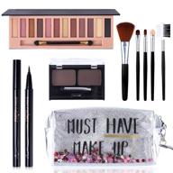 🎁 all in one makeup kit - 12 colors naked shimmer eyeshadow palette, waterproof black eyeliner pencil, duo pressed eyebrow powder kit, set of 5 brushes with quicksand cosmetic bag - gift set with silver packaging logo