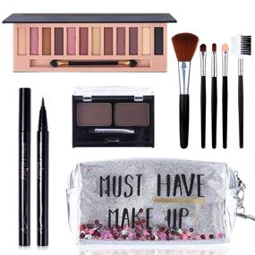 img 4 attached to 🎁 All in One Makeup Kit - 12 Colors Naked Shimmer Eyeshadow Palette, Waterproof Black Eyeliner Pencil, Duo Pressed Eyebrow Powder Kit, Set of 5 Brushes With Quicksand Cosmetic Bag - Gift Set with Silver Packaging