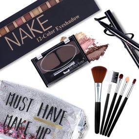 img 3 attached to 🎁 All in One Makeup Kit - 12 Colors Naked Shimmer Eyeshadow Palette, Waterproof Black Eyeliner Pencil, Duo Pressed Eyebrow Powder Kit, Set of 5 Brushes With Quicksand Cosmetic Bag - Gift Set with Silver Packaging