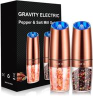 adjustable coarseness gravity electric pepper & salt grinder set with led light, one-handed automatic operation, battery powered, stainless steel copper, 2 pack logo