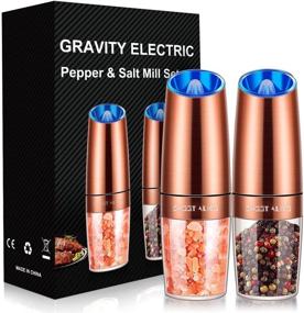 img 4 attached to Adjustable Coarseness Gravity Electric Pepper & Salt Grinder Set with LED Light, One-Handed Automatic Operation, Battery Powered, Stainless Steel Copper, 2 Pack