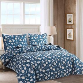 img 3 attached to Coastal Beach Theme Ocean Quilt Set: King Size Lightweight Bedding with Reversible Starfish Seashell Conch Bedspread Coverlet - Blue Bed Cover + 2 Pillow Shams