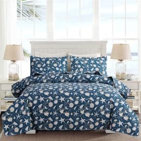 img 4 attached to Coastal Beach Theme Ocean Quilt Set: King Size Lightweight Bedding with Reversible Starfish Seashell Conch Bedspread Coverlet - Blue Bed Cover + 2 Pillow Shams