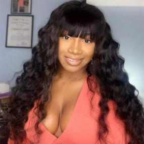 img 4 attached to 💁 High Quality 22 inch Loose Deep Wave Human Hair Wig with Bangs for Black Women - Brazilian Unprocessed Virgin Hair, 150% Density - Machine Made, None Lace Front