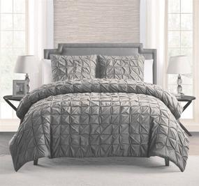 img 1 attached to 🛏️ Premium Grand Linen 3-Piece 100% Cotton Solid Grey Pinch Pleat Comforter Set Full/Queen Size Bedding 88"X88