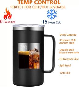 img 2 attached to 🥤 Pizkiru 24 oz Vacuum Insulated Cup: Keeps Drinks Cold for 15 Hours, No Sweat, with Handle, Slide Lid and Straw - Stainless Steel Coffee Mug, Perfect for Water, Beer, Camping - Black