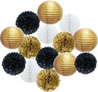 🎉 14-piece set of mixed hot gold, black, and white color paper lanterns, paper balls, and paper pom poms - themed party hanging decorations and favors логотип