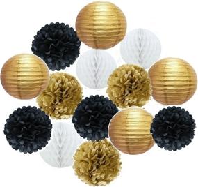 img 1 attached to 🎉 14-Piece Set of Mixed Hot Gold, Black, and White Color Paper Lanterns, Paper Balls, and Paper Pom Poms - Themed Party Hanging Decorations and Favors