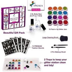 img 3 attached to Enhance Your Style with INGALA PREMIUM Temporary Glitter Tattoos Kit - 74 Stunning Stencils, Premium Glue, & Shimmering Glitters for Girls, Teens, and Women