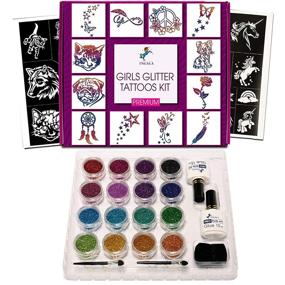 img 4 attached to Enhance Your Style with INGALA PREMIUM Temporary Glitter Tattoos Kit - 74 Stunning Stencils, Premium Glue, & Shimmering Glitters for Girls, Teens, and Women